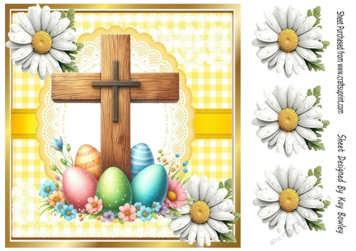 Lovely Easter Cross in Yellow Gingham, Lace And Daisies 8x8 (Four)