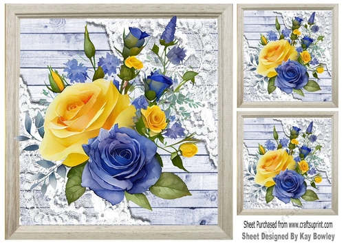Pretty Blue/Yellow Roses On Lace 8X8