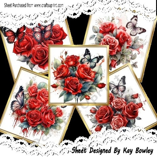 5 Pretty Red Roses With Butterflies 8x8 Card Fronts Mini Kit