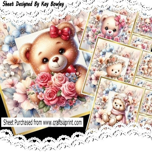 4 Cute Teddy Bears With Hearts,Flowers & Roses 8x8 Mini Kit