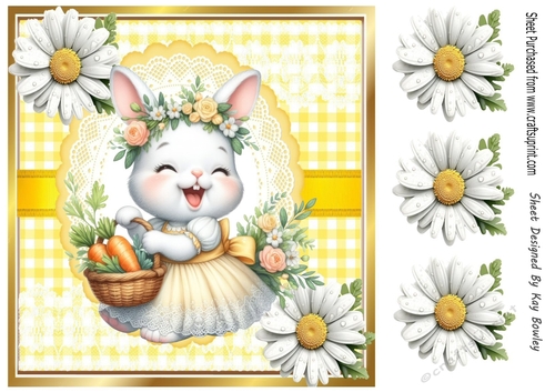 Lovely Easter Rabbit in Yellow Gingham, Lace And Daisies 8x8 (Four)