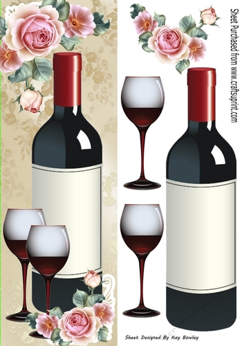 Lovely Wine & Glasses With Pink Roses Tall DL