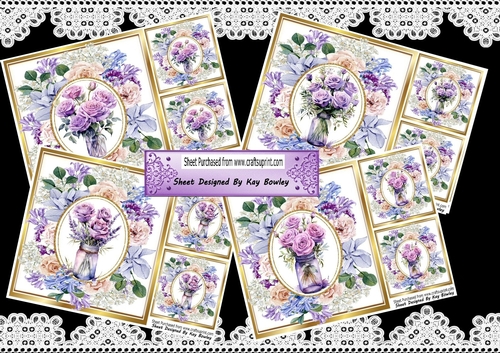 4 Pretty Purple Roses In Vases In Frames  Of Flowers 8X8 Mini Kit