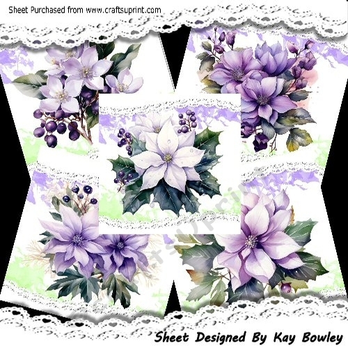 5 Pretty Purple Flowers With Berries & Lace Card Fronts Mini Kit 