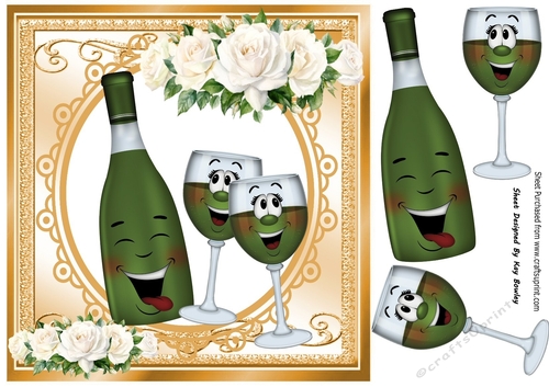 Lovely Toony Green Bottle/Champers Gold With White Roses 8x8