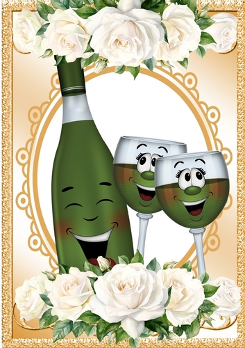 Lovely Toony Green Bottle/Champers Gold With White Roses A4