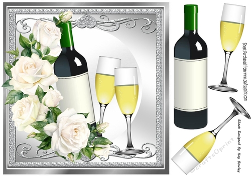 Lovely Bottle/Champers Silver Ornate With White Roses 8x8