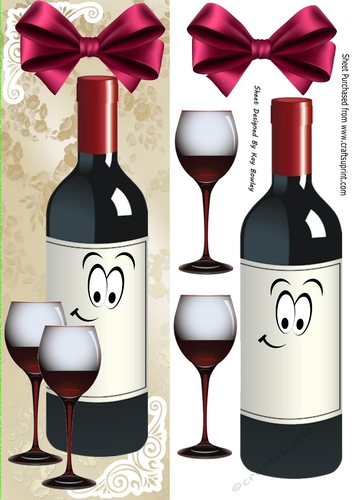 Lovely Toony Wine, Glasses & Red Bow Tall DL 
