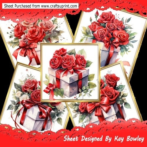 5 Lovely 8x8 Toppers Of Red Roses Gift Boxes  With Bows Mini Kit