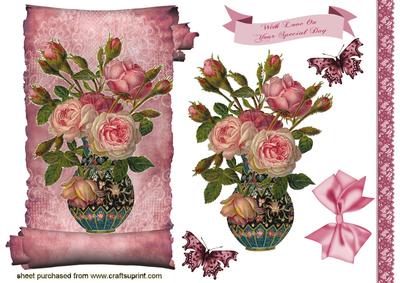 Vase of Roses on a Scroll