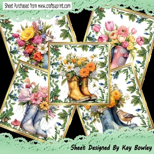 5 Lovely Toppers of  Spring Flowers In Garden Boots 8x8 Mini Kit