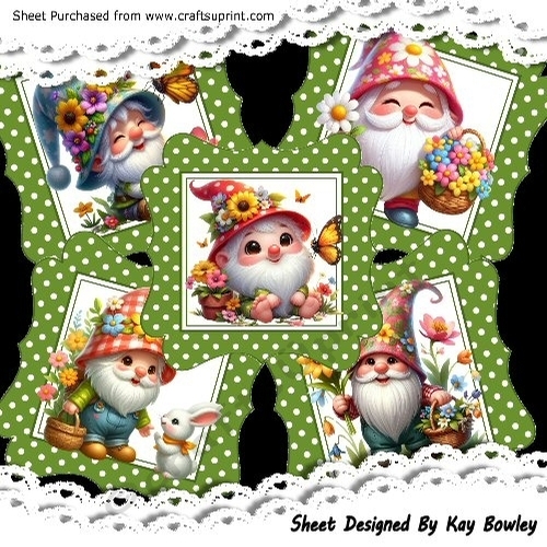 5 Lovely 8x8 Toppers of  Spring Garden Gnomes Mini Kit