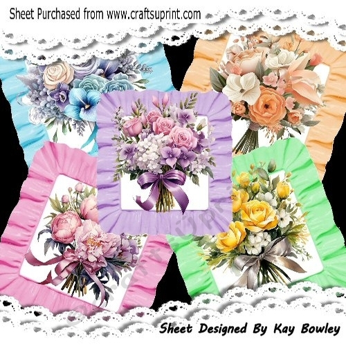 5 Pretty Coloured Frill Frames With Bouquets 8x8 Toppers Mini Kit