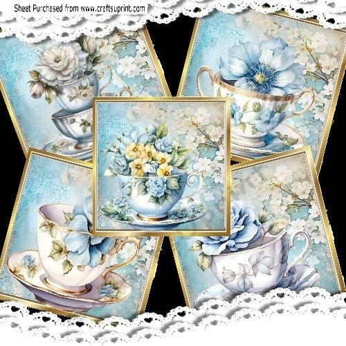 5 Pretty Blue/Gold Floral Teacups In  8x8 Frames Mini Kit