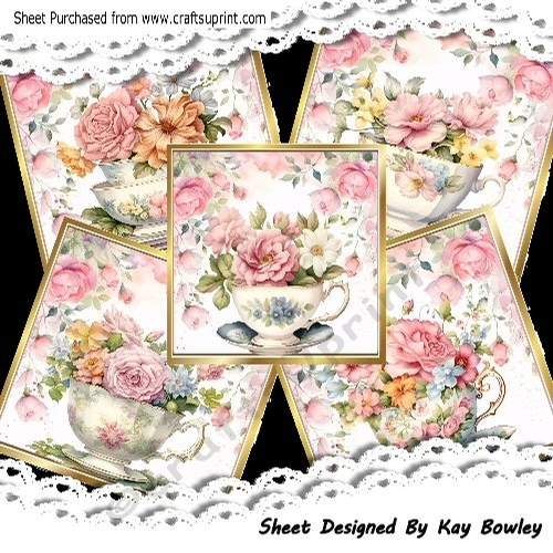 5 Pretty Pink/Gold Roses Teacups In  8x8 Frames Mini Kit
