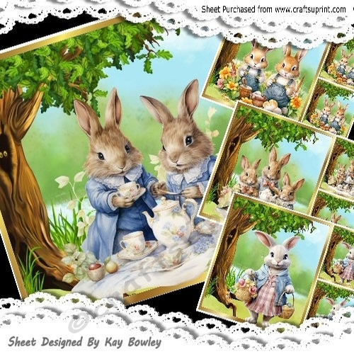 4 Lovely Fairytale Bunnies Picnics 8x8 Card Fronts Mini Kit