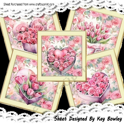 5 Pretty Cream/Gold Roses/Tulips In Hearts 8x8 Frames Mini Kit