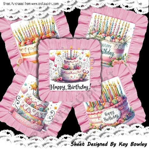 5 Pretty Pink/White Birthday Cakes In Pink  8x8 Frill frames Mini Kit