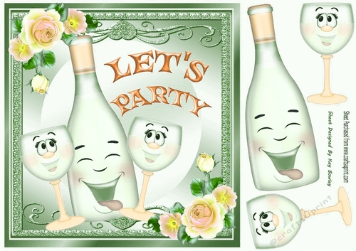Lovely Toony Green Bottle/Champers Peach Roses LETS PARTY 8x8