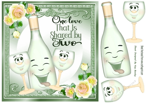 Lovely Toony Green Bottle/Champers Peach Roses ONE LOVE SHARED BY TWO 8x8