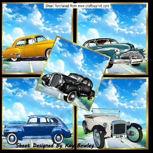5 Vintage Cars Blue Sky 8x8  Card Fronts Mini Kit