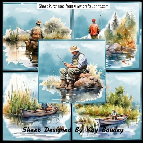 5 Watercolour Fishing Scenes Card fronts 8x8 Mini Kit