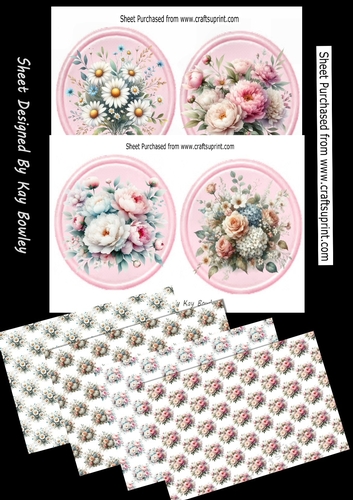 4 Pretty Floral Pink Toppers, 4 A4 Matching Backing Papers Mini Kit