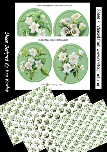 4 Pretty White Floral Green Toppers, 4 A4 Matching Backing Papers Mini Kit