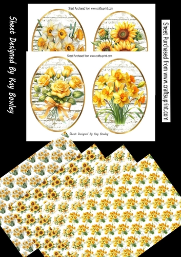 4 Pretty Yellow Daffs,Sunflowers, Roses Toppers, 4 A4 Matching Backing Papers Mini Kit