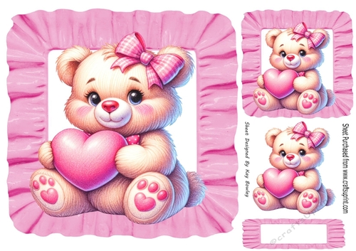 Cute Teddy With Heart In Pink Frill 8X8 Frame (Three)