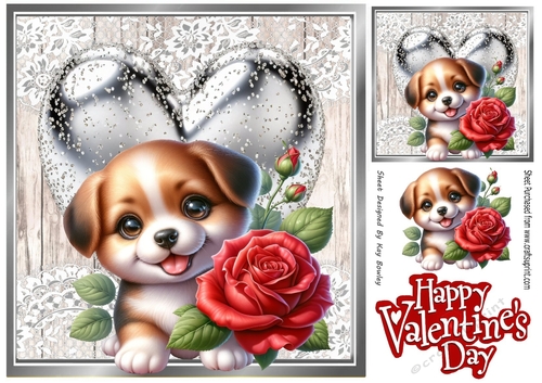 Cute Valentine Puppy With Silver Heart & Roses 8x8