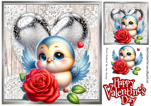 Cute Valentine Blue Bird With Silver Heart & Roses 8x8