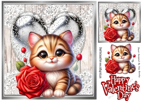Cute Valentine Kitten With Silver Heart & Roses 8x8