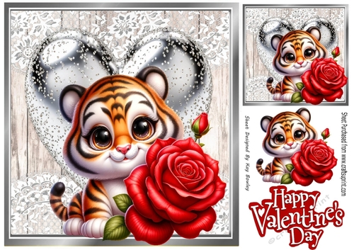 Cute Valentine Tiger With Silver Heart & Roses 8x8