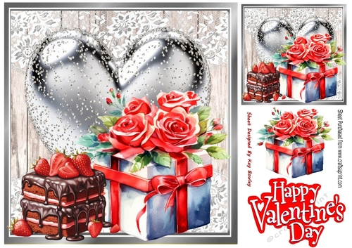 Valentine Gift With Roses & Silver Heart  8x8 (Four)