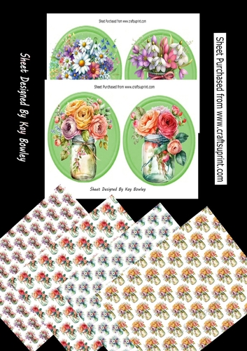 4 Pretty Flowers & Roses In Glass Jars  Toppers, 4 A4 Matching Backing Papers Mini Kit