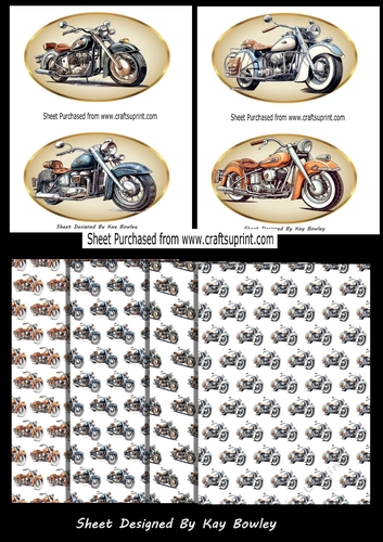 4 Vintage Motorcycles Toppers, 4 A4 Matching Backing Papers Mini Kit