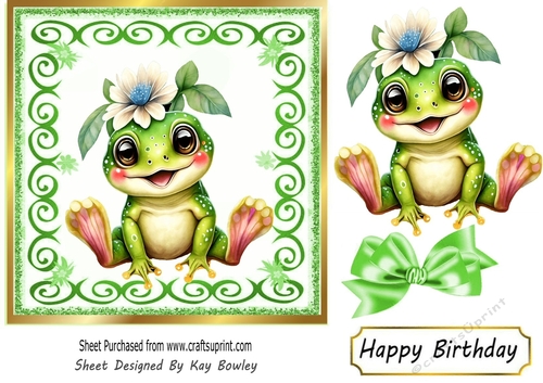 Cute Frog With Flower & Bow In Green Scroll 7x7 Frame