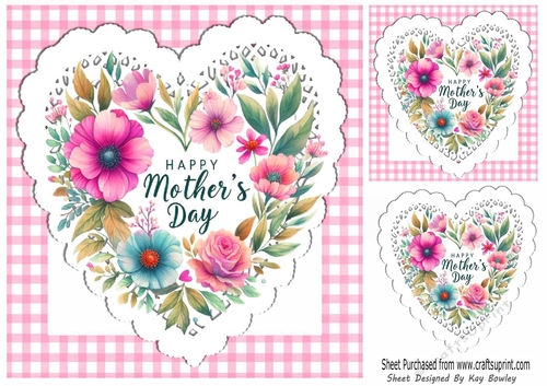 Gingham & Lace Heart Pink Flowers for MOTHERS DAY 8x8