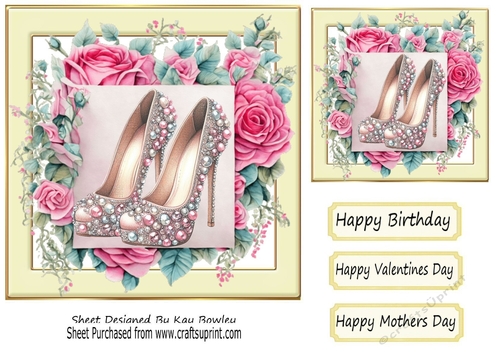 Pretty Cream 7x7 Frame With Pink Roses & Sparkle Shoe (Four)