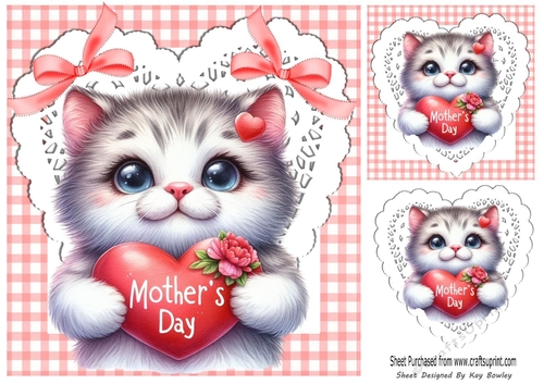 Gingham & Lace Hearts Cute Kitten With Pink Bows for MOTHERS DAY 8x8