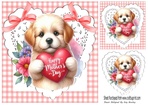Gingham & Lace Hearts Cute Puppy With Pink Bows for MOTHERS DAY 8x8