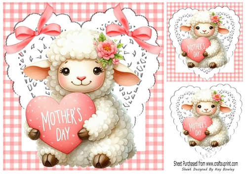 Gingham & Lace Hearts Cute Lamb With Pink Bows for MOTHERS DAY 8x8