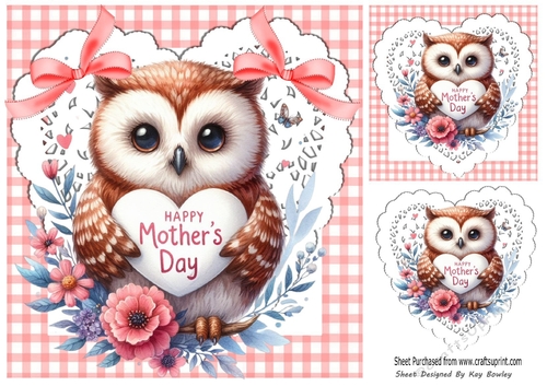 Gingham & Lace Hearts Cute Owl With Pink Bows for MOTHERS DAY 8x8