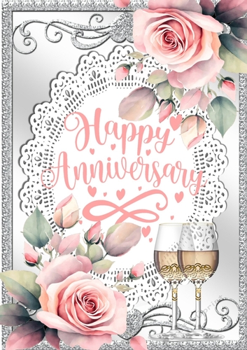 Pretty Silver Ornate A4 Pink Roses/Wine for ANNIVERSARY