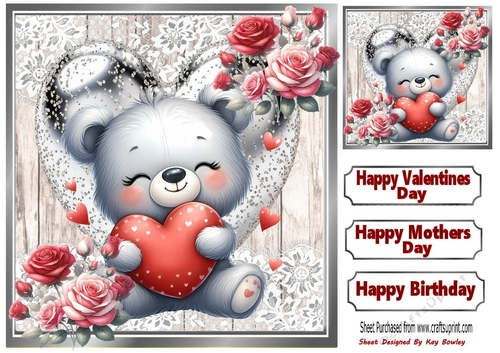  Silver Ornate 8X8 Frame With Teddy Heart Pink/Roses 