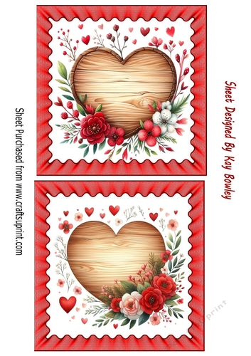 2 Lovely Red Floral Wooden  Heart Toppers (One)