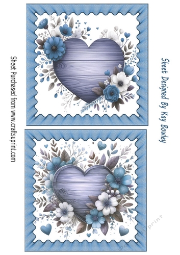 2 Lovely Blue Floral Heart Toppers (Six)