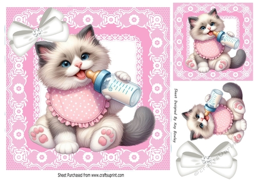 Sweet Kitty With Milk Bottle & Bow, Pink lace 8x8 Frame (One)