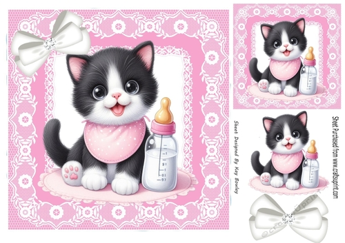 Sweet Kitty With Milk Bottle & Bow, Pink lace 8x8 Frame (Two)